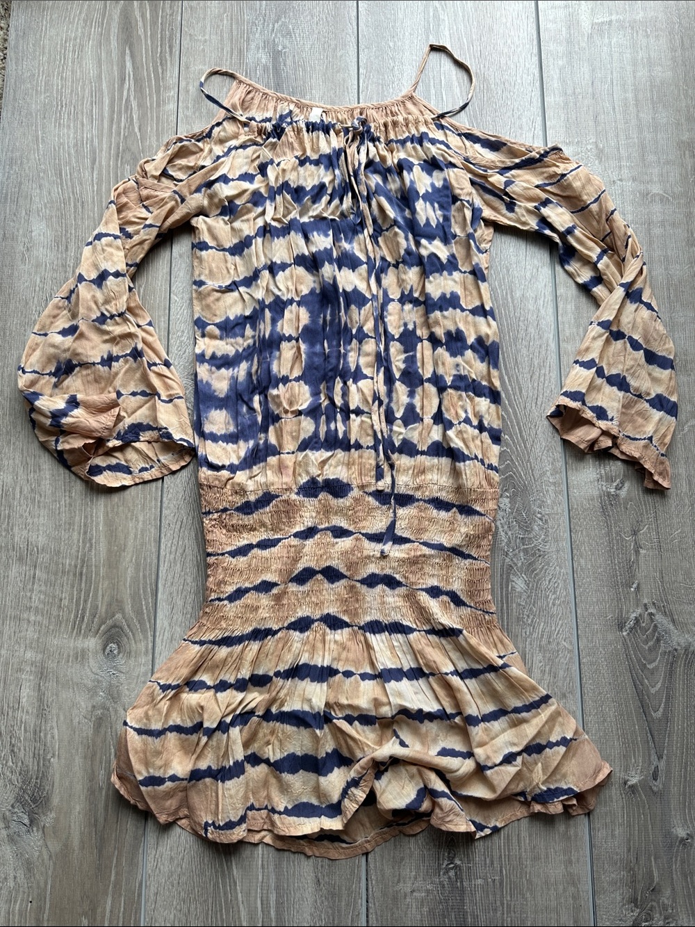 Elan Beige and Navy Blue Tie-Dye Open Shoulder Dress